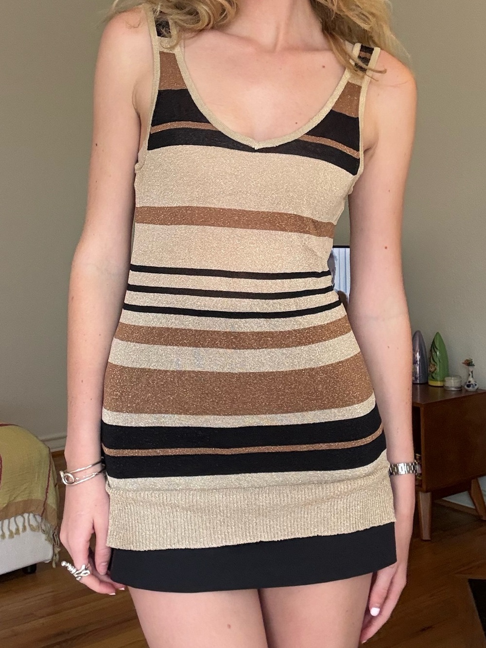 bebe Striped Knit Tank Dress in Beige, Brown & Black